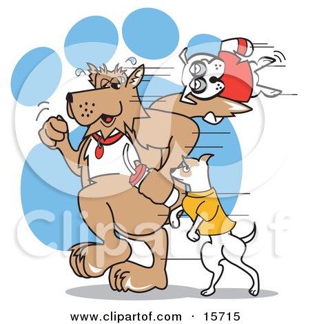 Two Dogs Running While Exercising As Another Dog Hangs Onto One Of The Dog Tails Clipart Illustration by Andy Nortnik