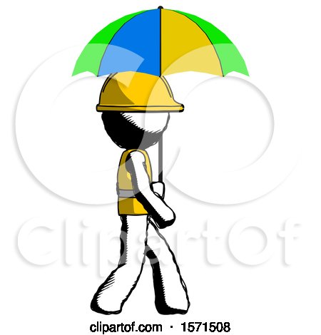 Ink Construction Worker Contractor Man Walking with Colored Umbrella by Leo Blanchette