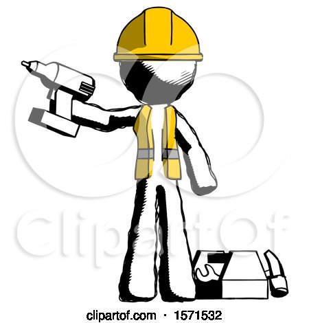 Ink Construction Worker Contractor Man Holding Drill Ready to Work, Toolchest and Tools to Right by Leo Blanchette