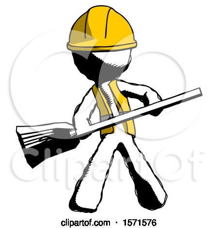 Ink Construction Worker Contractor Man Broom Fighter Defense Pose by Leo Blanchette