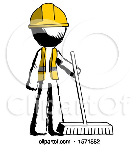 Ink Construction Worker Contractor Man Standing with Industrial Broom by Leo Blanchette