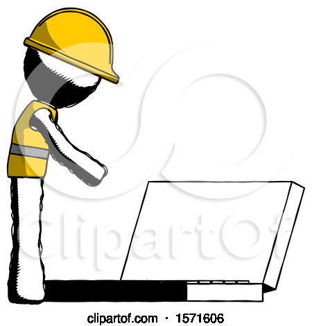 Ink Construction Worker Contractor Man Using Large Laptop Computer Side Orthographic View by Leo Blanchette