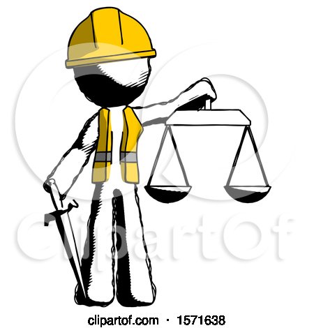 Ink Construction Worker Contractor Man Justice Concept with Scales and Sword, Justicia Derived by Leo Blanchette