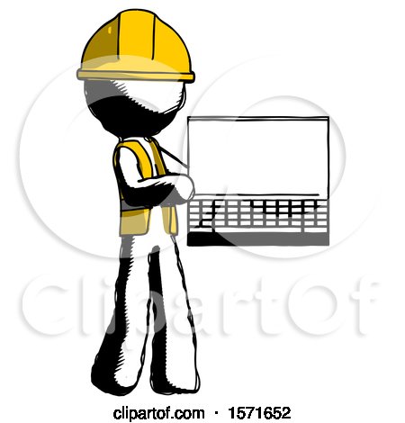 Ink Construction Worker Contractor Man Holding Laptop Computer Presenting Something on Screen by Leo Blanchette