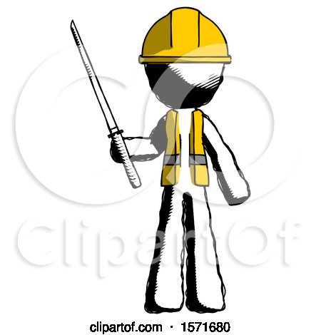 Ink Construction Worker Contractor Man Standing up with Ninja Sword Katana by Leo Blanchette