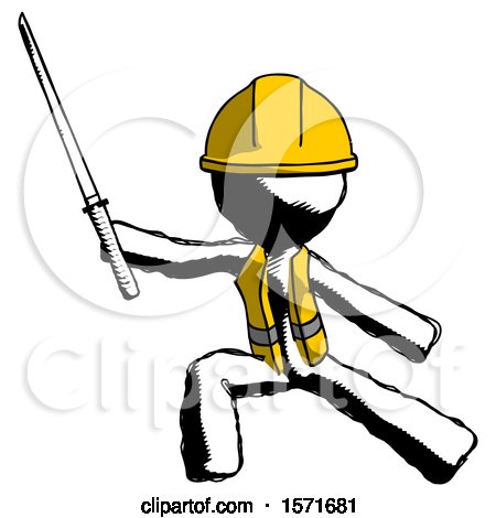 Ink Construction Worker Contractor Man with Ninja Sword Katana in Defense Pose by Leo Blanchette