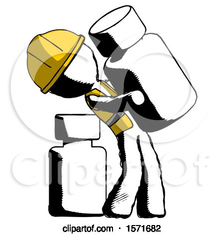 Ink Construction Worker Contractor Man Holding Large White Medicine Bottle with Bottle in Background by Leo Blanchette
