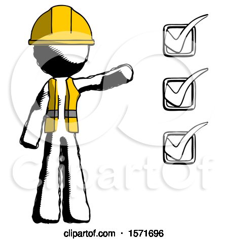 Ink Construction Worker Contractor Man Standing by List of Checkmarks by Leo Blanchette