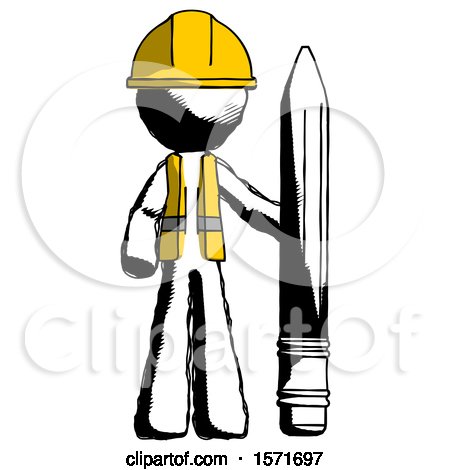 Ink Construction Worker Contractor Man with Large Pencil Standing Ready to Write by Leo Blanchette