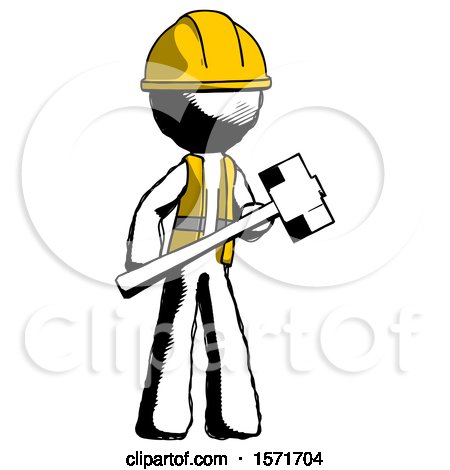 Ink Construction Worker Contractor Man with Sledgehammer Standing Ready to Work or Defend by Leo Blanchette