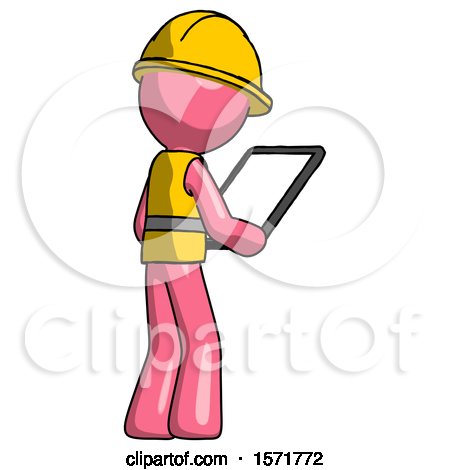 Pink Construction Worker Contractor Man Looking at Tablet Device Computer Facing Away by Leo Blanchette