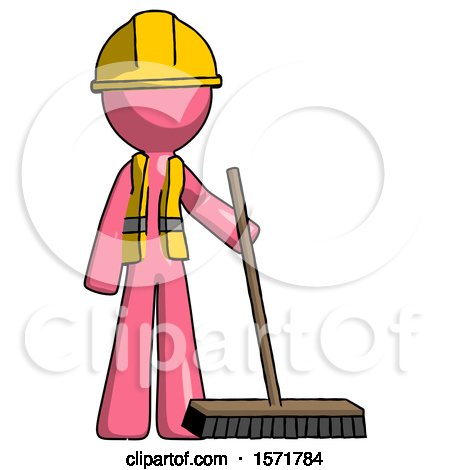 Pink Construction Worker Contractor Man Standing with Industrial Broom by Leo Blanchette