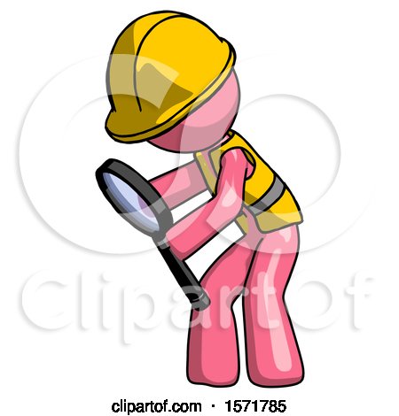 Pink Construction Worker Contractor Man Inspecting with Large Magnifying Glass Left by Leo Blanchette