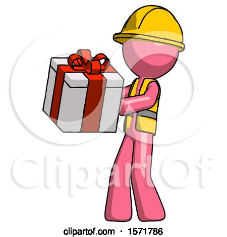 Pink Construction Worker Contractor Man Presenting a Present with Large Red Bow on It by Leo Blanchette