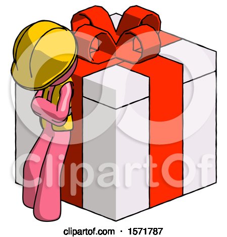 Pink Construction Worker Contractor Man Leaning on Gift with Red Bow Angle View by Leo Blanchette