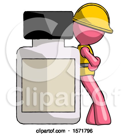 Pink Construction Worker Contractor Man Leaning Against Large Medicine Bottle by Leo Blanchette