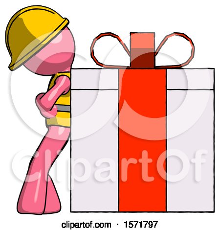 Pink Construction Worker Contractor Man Gift Concept - Leaning Against Large Present by Leo Blanchette