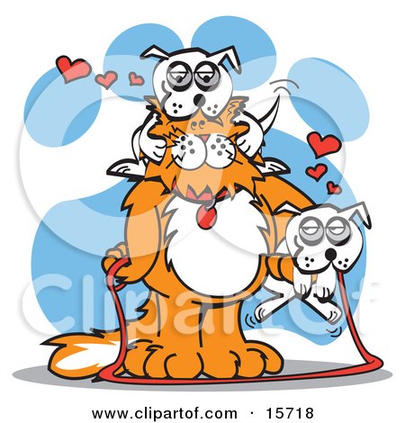 Big Orange Cat With A White Dog On Its Head And Another Dog On Its Arm Clipart Illustration by Andy Nortnik