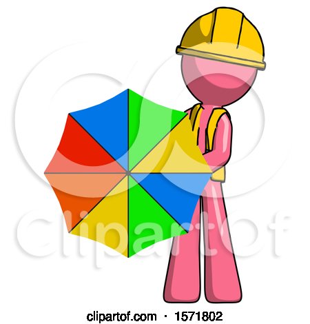 Pink Construction Worker Contractor Man Holding Rainbow Umbrella out to Viewer by Leo Blanchette