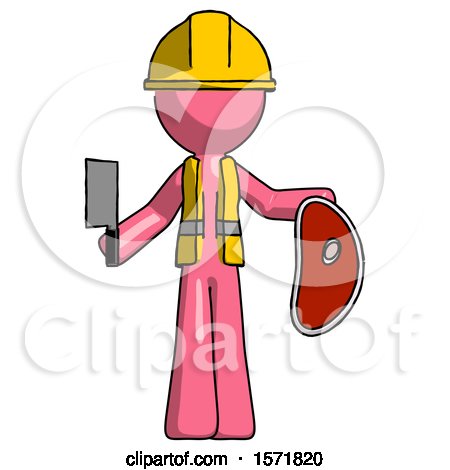 Pink Construction Worker Contractor Man Holding Large Steak with Butcher Knife by Leo Blanchette