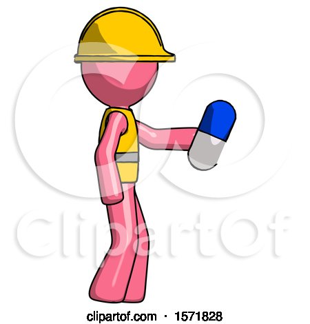 Pink Construction Worker Contractor Man Holding Blue Pill Walking to Right by Leo Blanchette