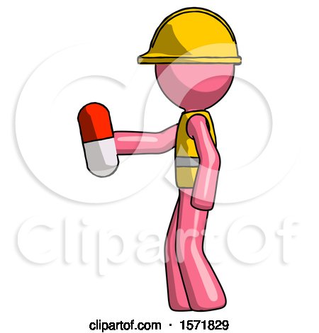 Pink Construction Worker Contractor Man Holding Red Pill Walking to Left by Leo Blanchette