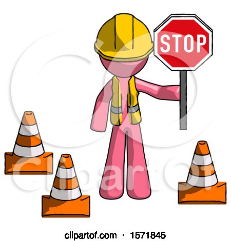 Pink Construction Worker Contractor Man Holding Stop Sign by Traffic Cones Under Construction Concept by Leo Blanchette