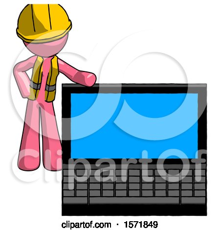 Pink Construction Worker Contractor Man Beside Large Laptop Computer, Leaning Against It by Leo Blanchette