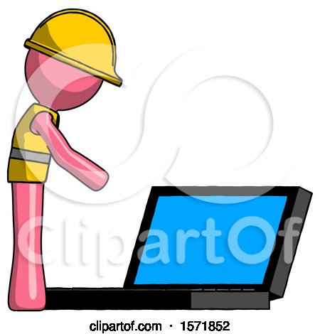 Pink Construction Worker Contractor Man Using Large Laptop Computer Side Orthographic View by Leo Blanchette