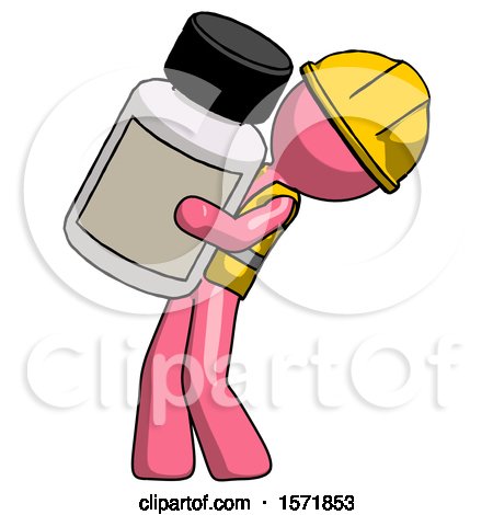 Pink Construction Worker Contractor Man Holding Large White Medicine Bottle by Leo Blanchette