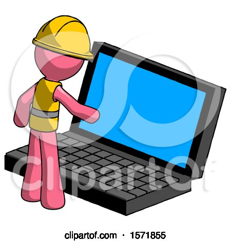 Pink Construction Worker Contractor Man Using Large Laptop Computer by Leo Blanchette