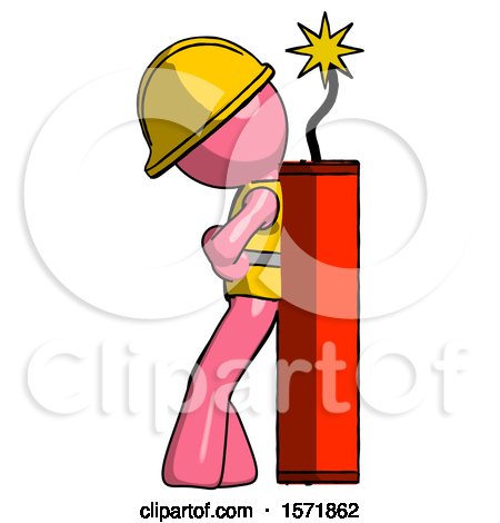 Pink Construction Worker Contractor Man Leaning Against Dynimate, Large Stick Ready to Blow by Leo Blanchette