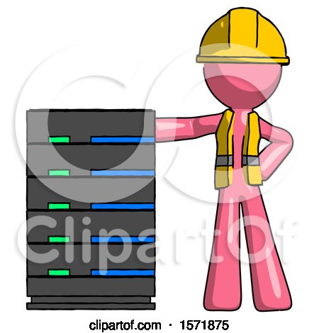 Pink Construction Worker Contractor Man with Server Rack Leaning Confidently Against It by Leo Blanchette