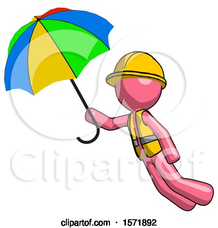 Pink Construction Worker Contractor Man Flying with Rainbow Colored Umbrella by Leo Blanchette