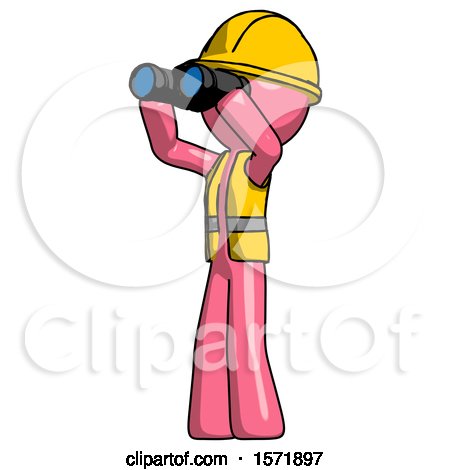 Pink Construction Worker Contractor Man Looking Through Binoculars to the Left by Leo Blanchette