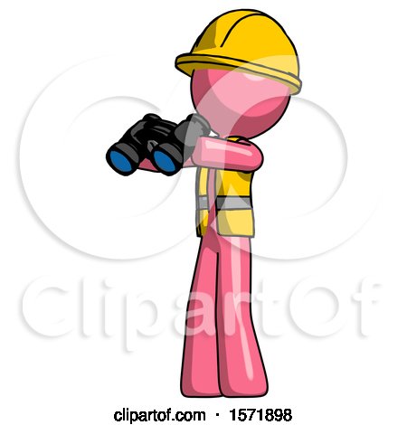 Pink Construction Worker Contractor Man Holding Binoculars Ready to Look Left by Leo Blanchette