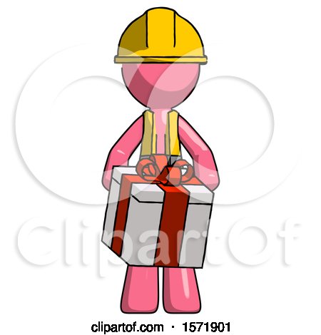 Pink Construction Worker Contractor Man Gifting Present with Large Bow Front View by Leo Blanchette