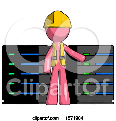 Pink Construction Worker Contractor Man with Server Racks, in Front of Two Networked Systems by Leo Blanchette
