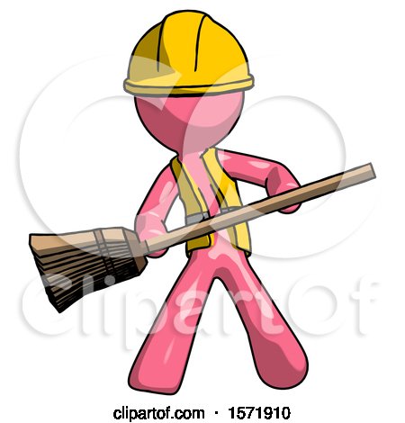 Pink Construction Worker Contractor Man Broom Fighter Defense Pose by Leo Blanchette