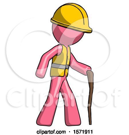 Pink Construction Worker Contractor Man Walking with Hiking Stick by Leo Blanchette