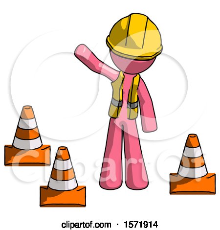 Pink Construction Worker Contractor Man Standing by Traffic Cones Waving by Leo Blanchette