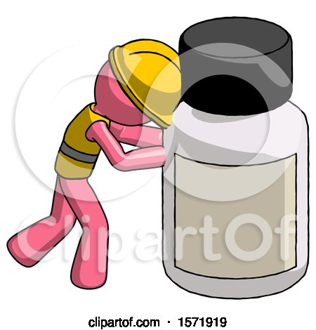 Pink Construction Worker Contractor Man Pushing Large Medicine Bottle by Leo Blanchette