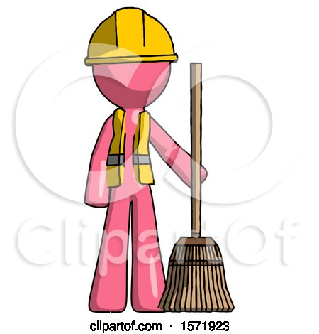 Pink Construction Worker Contractor Man Standing with Broom Cleaning Services by Leo Blanchette