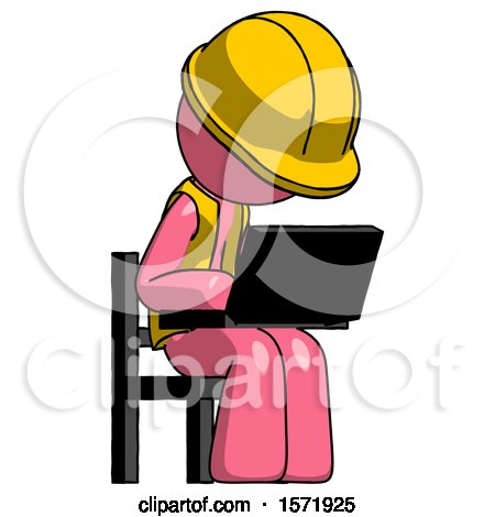 Pink Construction Worker Contractor Man Using Laptop Computer While Sitting in Chair Angled Right by Leo Blanchette