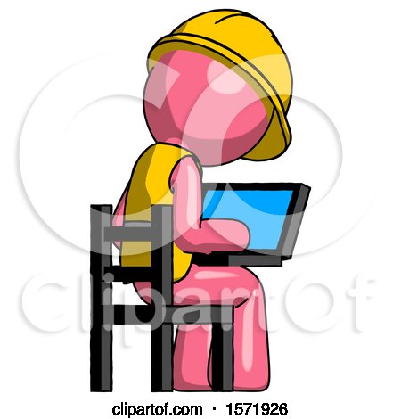 Pink Construction Worker Contractor Man Using Laptop Computer While Sitting in Chair View from Back by Leo Blanchette