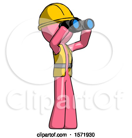 Pink Construction Worker Contractor Man Looking Through Binoculars to the Right by Leo Blanchette