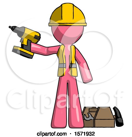 Pink Construction Worker Contractor Man Holding Drill Ready to Work, Toolchest and Tools to Right by Leo Blanchette