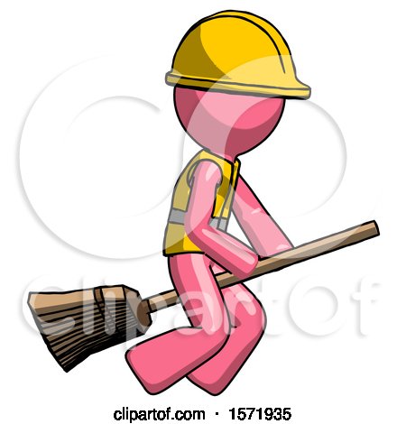 Pink Construction Worker Contractor Man Flying on Broom by Leo Blanchette