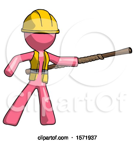 Pink Construction Worker Contractor Man Bo Staff Pointing Right Kung Fu Pose by Leo Blanchette