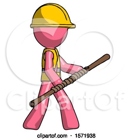 Pink Construction Worker Contractor Man Holding Bo Staff in Sideways Defense Pose by Leo Blanchette